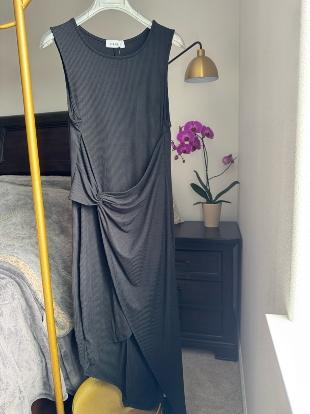 Gilli Asymmetrical Knot-Detail Midi Tank Dress - Ribbed Black - Size Large